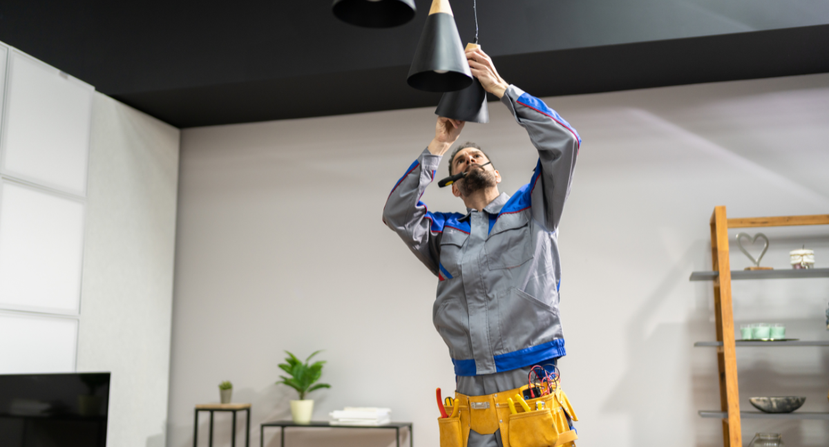 male hotel maintenance staff fixing light in hotel room